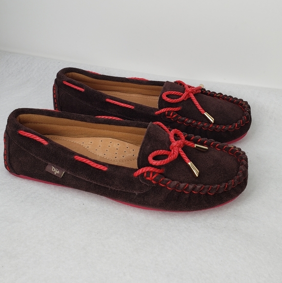 Dije Womens Brown Suede Slip On Mocassins With Red Accents Sz 10 EUC - Picture 1 of 9